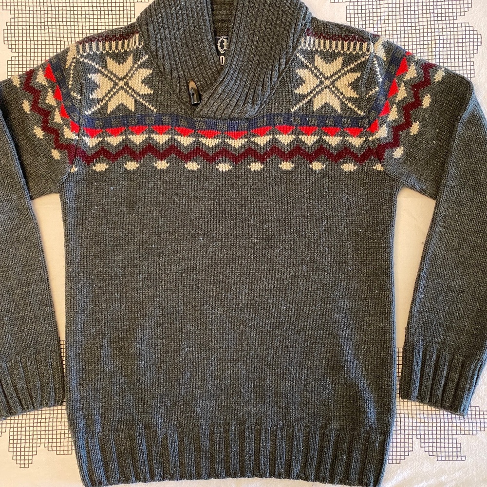 Kolby Men’s Fair Isle Pullover Sweater | Green-Grey | Size M | 100% Acrylic